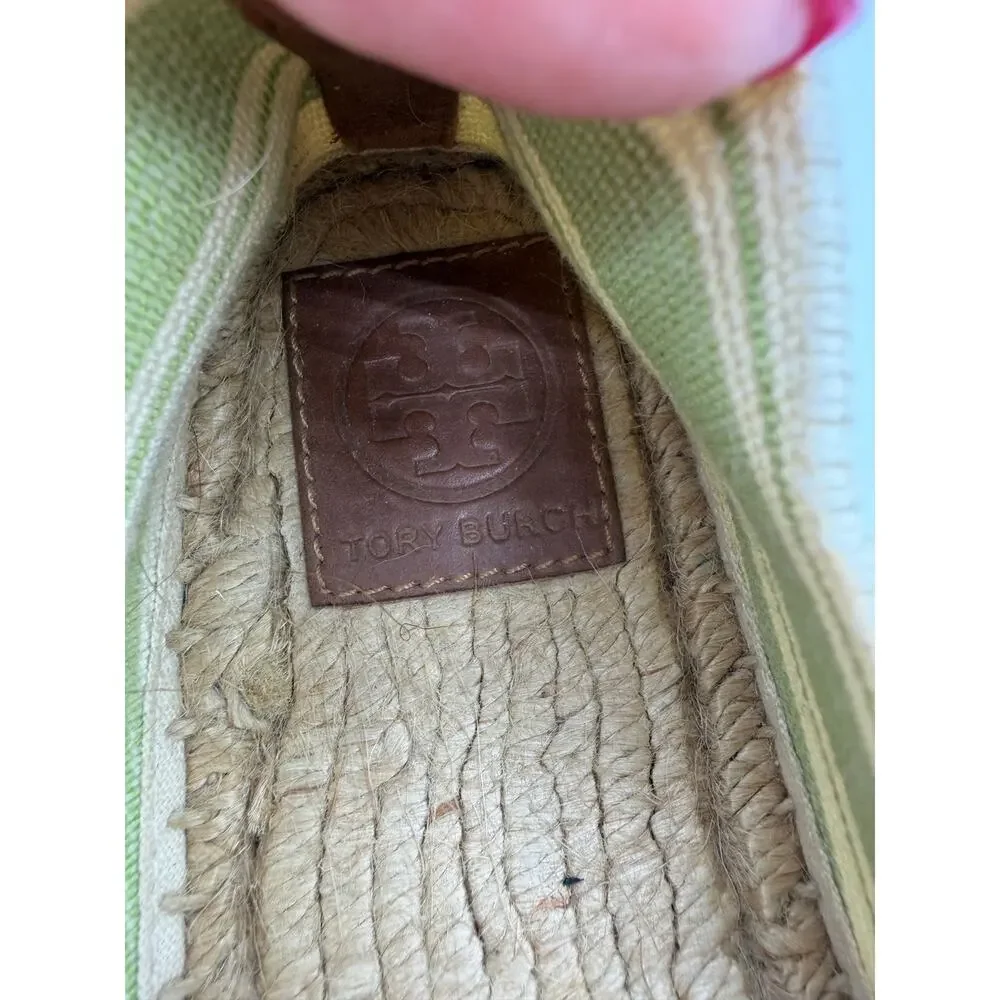 Tory Burch Striped Espadrille Slip-On Flats Green‎ Ivory Canvas Jute Women’s 10